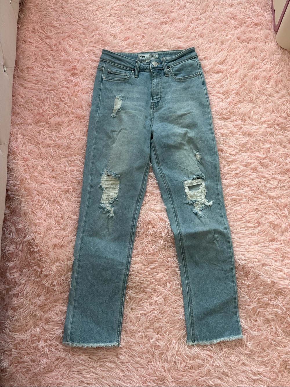 Straight Leg Distressed Jeans in Light Blue - Women's